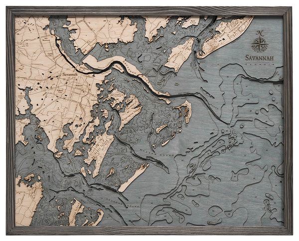 Map of Savannah, Georgia 3-D Nautical Wood Chart in Grey Frame