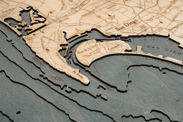Topography Details on Map of San Diego, California 3-D Nautical Wood Chart
