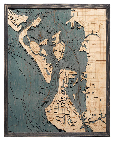 Map of Siesta Key, Florida 3-D Nautical Wood Chart in Grey Frame