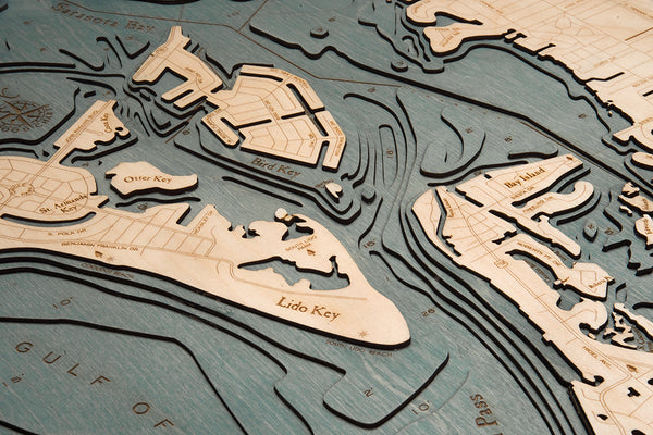 Topography Details in Map of Siesta Key, Florida 3-D Nautical Wood Chart in Dark Frame