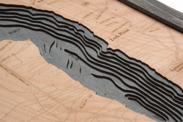 Topography Details on Map of Seneca Lake, New York 3-D Nautical Wood Chart
