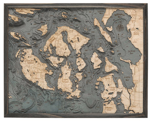 Map of San Juan Islands, Washington 3-D Nautical Wood Chart in Grey Frame