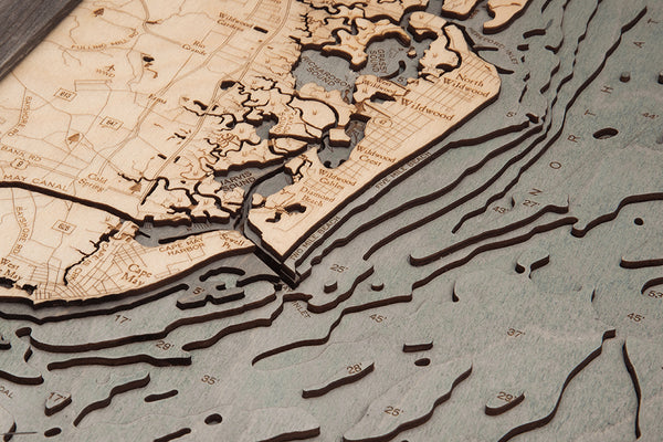 Topography Details on New Jersey Shore Map 3-D Nautical Wood Chart
