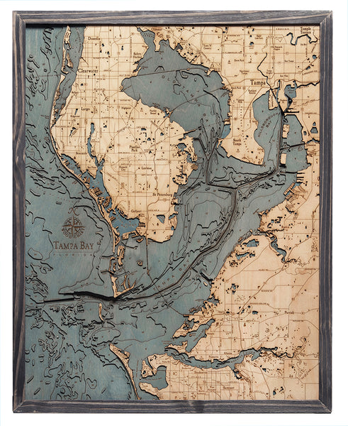 Map of Tampa Bay, Florida 3-D Nautical Wood Chart in Grey Frame