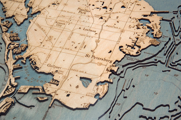 Topography Details of Tampa Bay, Florida Map 3-D Nautical Wood Chart