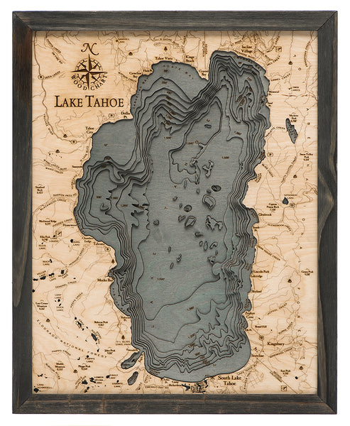 Lake Tahoe 3-D Nautical Wood Chart, Small, 16" x 20"