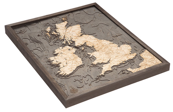 United Kingdom Map 3-D Nautical Wood Chart in Rustic Grey Frame