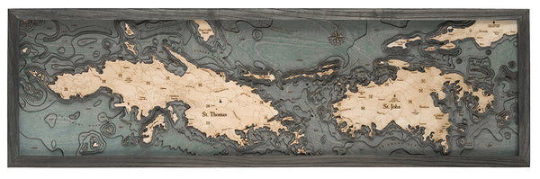 Map of St. Thomas / St. John, U.S. Virgin Islands 3-D Nautical Wood Chart in Grey Frame