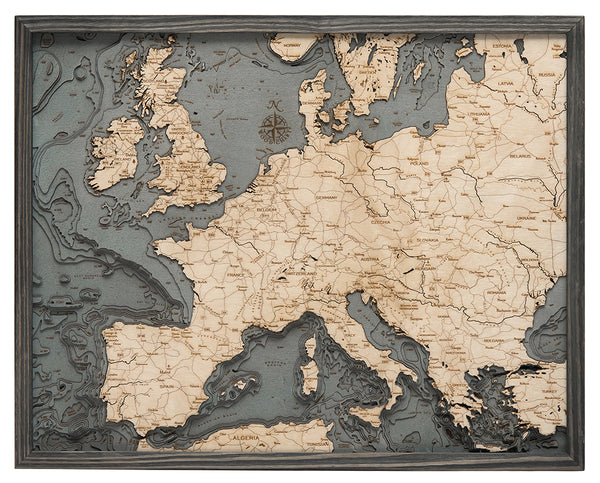 Map of Western Europe 3-D Nautical Wood Chart in Grey Frame