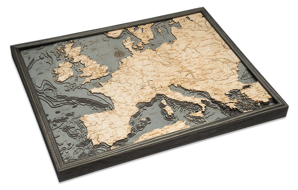 Western Europe Map 3-D Nautical Wood Chart in Grey Frame