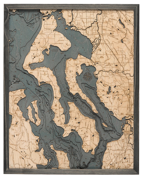 Map of Whidbey and Camano Islands 3-D Nautical Wood Chart in Grey Frame