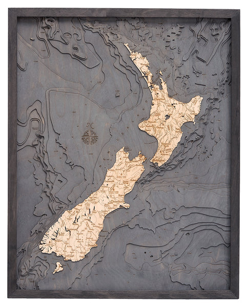 New Zealand Map 3-D Nautical Wood Chart in Rustic Grey Frame