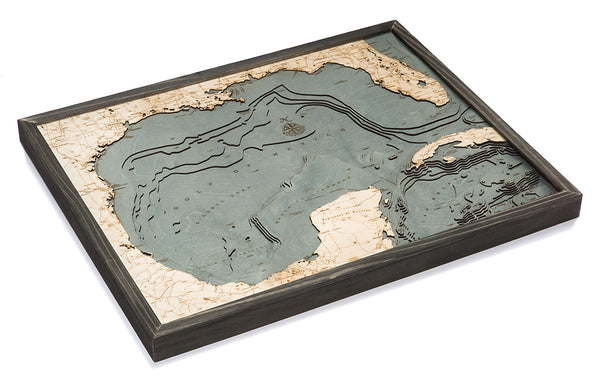 Gulf of Mexico wood chart map made using a darker green and natural colored wood on white background with dark frame laying flat
