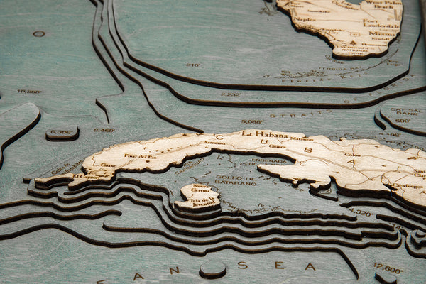 Gulf of Mexico wood chart map made using a darker green and natural colored wood up close