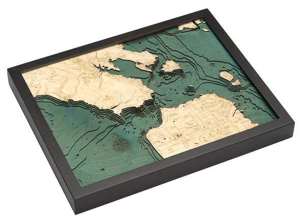 Map of Golden Gate/San Francisco, California 3-D Nautical Wood Chart in Dark Frame