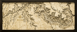 Grand Canyon wood chart map made using natural colored wood on white background with dark frame