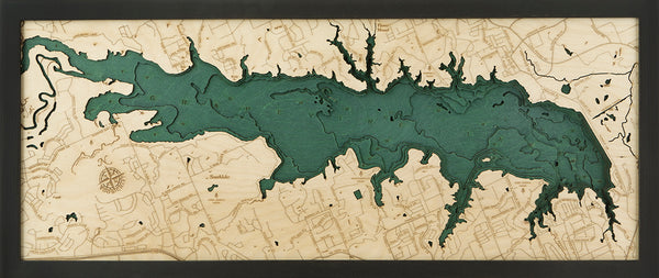 Grapevine Lake, Texas wood chart map made using green and natural colored wood on black background with dark frame