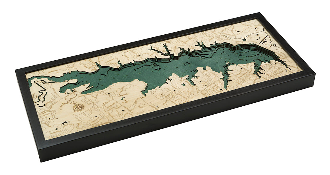 Grapevine Lake, Texas wood chart map made using green and natural colored wood on white background with dark frame