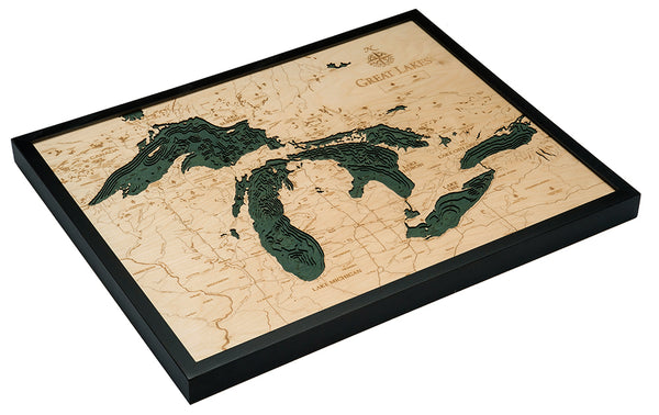 Framed Map of Great Lakes 3-D Nautical Wood Chart