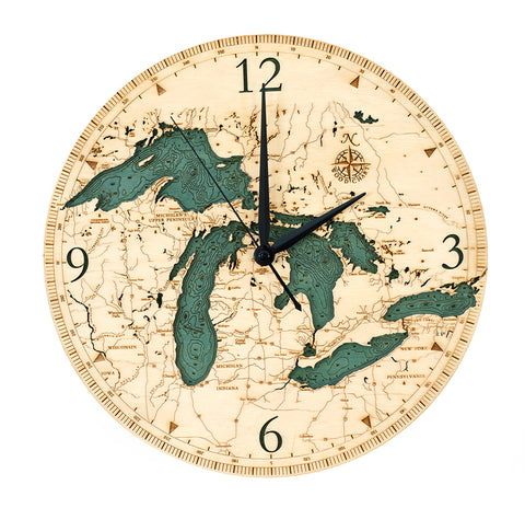Great Lakes clock made using green and natural colored wood on white background