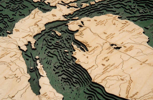 Topography Details on Map of Great Lakes 3-D Nautical Wood Chart