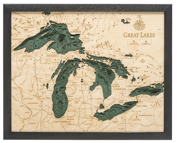 Great Lakes wood chart map made using green and natural colored wood on white background with dark frame