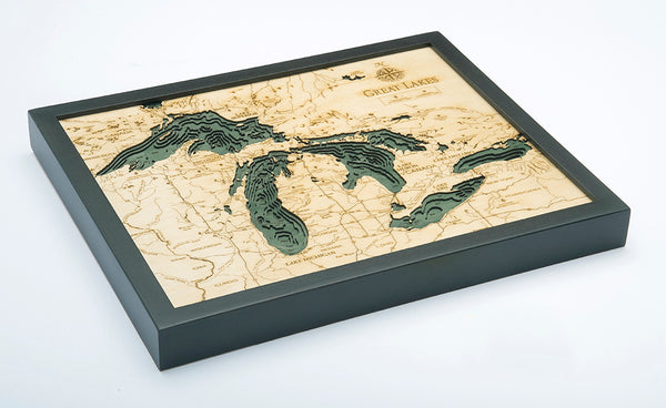 Great Lakes wood chart map made using green and natural colored wood on white background with dark frame laying flat
