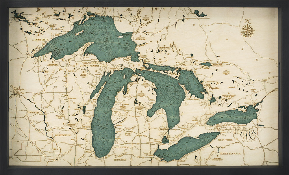Great Lakes serving tray made using green and natural colored wood on black background