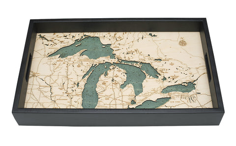 Great Lakes serving tray made using green and natural colored wood on white background