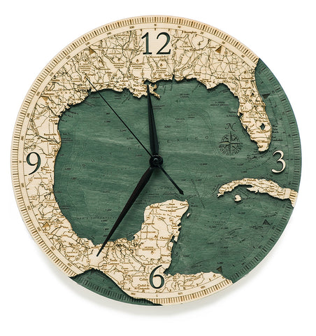 Gulf of Mexico wood clock made using green and natural colored wood on white background