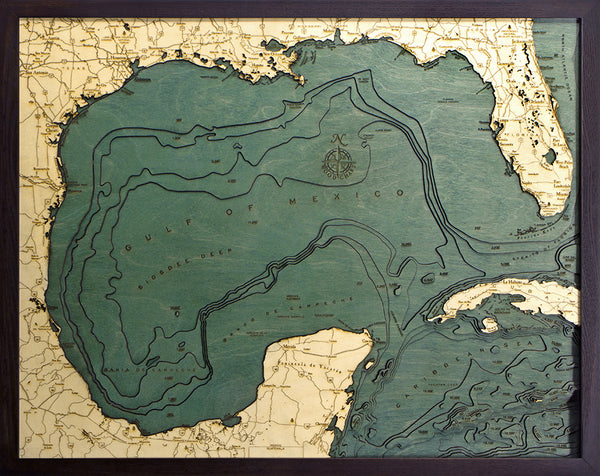 Gulf of Mexico wood chart map made using green and natural colored wood on black background with dark frame