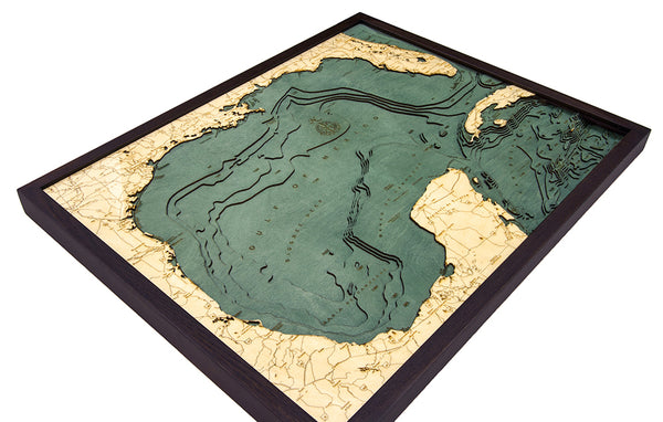 Gulf of Mexico wood chart map made using green and natural colored wood on white background with dark frame laying flat