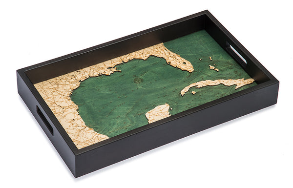 Gulf of Mexico serving tray made using green and natural colored wood on white background