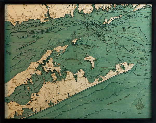 East Long Island Sound/The Hamptons wood chart map made using green and natural colored wood on black background with dark frame