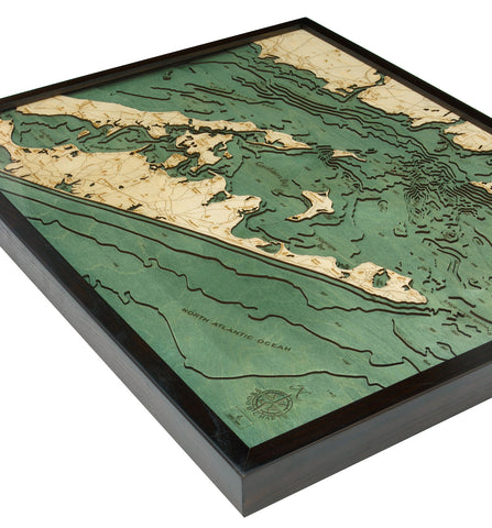East Long Island Sound/The Hamptons wood chart map made using green and natural colored wood on white background with dark frame