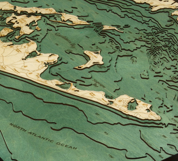 East Long Island Sound/The Hamptons wood chart map made using green and natural colored wood up close