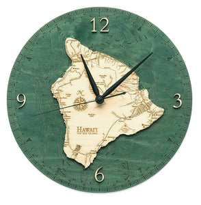 Hawaii, The Big Island, wood clock made using green and natural colored wood on white background
