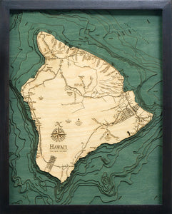 Hawaii, The Big Island, wood chart map made using green and natural colored wood on black background with dark frame