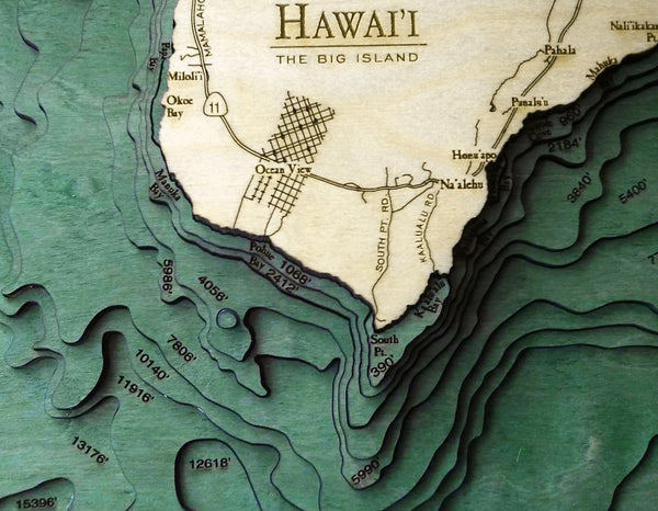 Hawaii, The Big Island, wood chart map made using green and natural colored wood up close