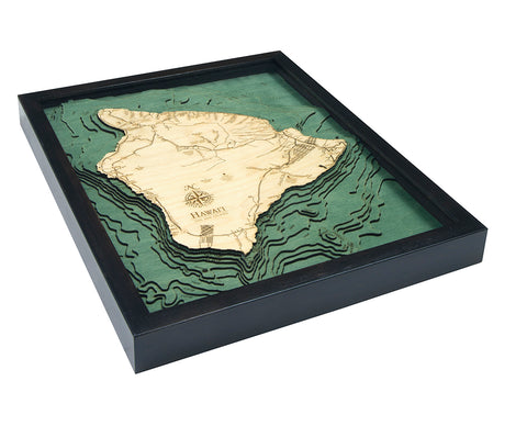 Hawaii, The Big Island, wood chart map made using green and natural colored wood on white background with dark frame laying flat