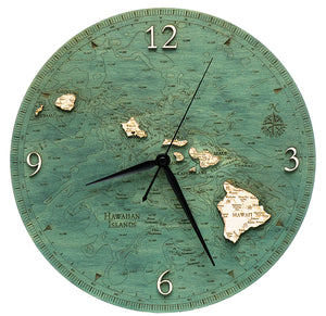 Hawaiian Islands wood clock made using green and natural colored wood on white background