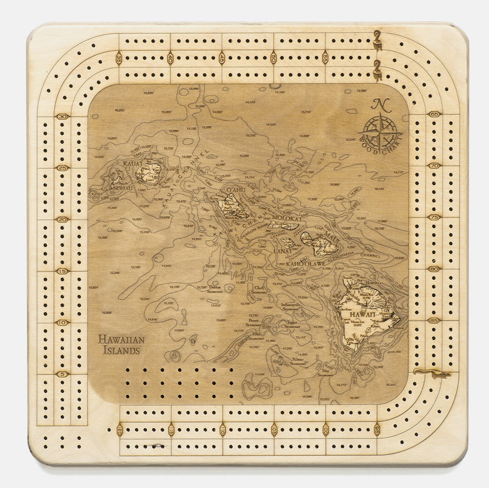 Hawaiian Islands cribbage board on a white background