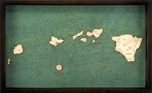 Hawaiian Islands serving tray made using green and natural colored wood on black background with dark frame