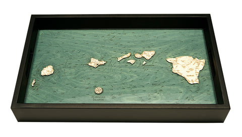 Hawaiian Islands serving tray made using green and natural colored wood on white background with dark frame