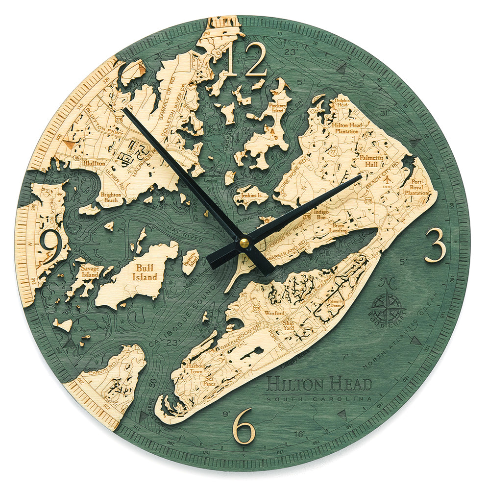 Hilton Head wood clock made using green and natural colored wooden on white background