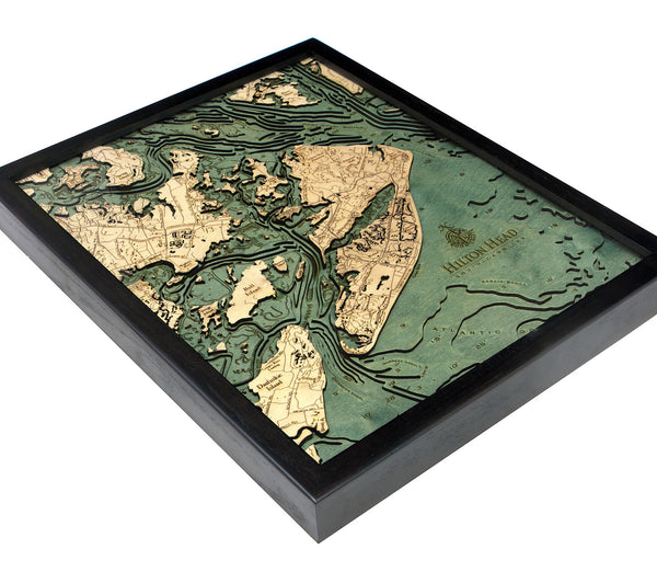 Hilton Head, South Carolina wood chart map made using green and natural colored wood on white background with dark frame laying flat