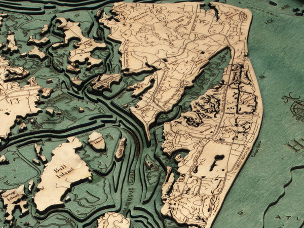 Hilton Head, South Carolina wood chart map made using green and natural colored wood up close