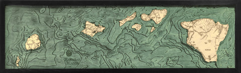 Hawaiian Islands narrow wood chart map made using green and natural colored wood on black background with dark frame