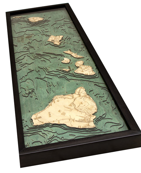 Hawaiian Islands narrow wood chart map made using green and natural colored wood on white background with dark frame laying flat
