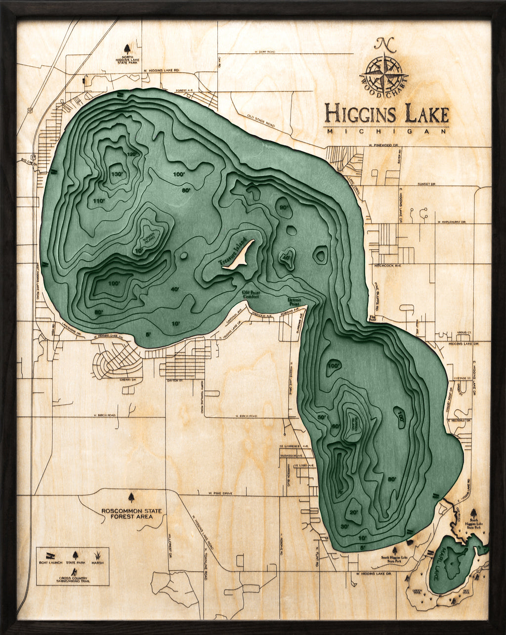 Higgins Lake, Michigan wood chart map made using green and natural colored wood on black background with dark frame